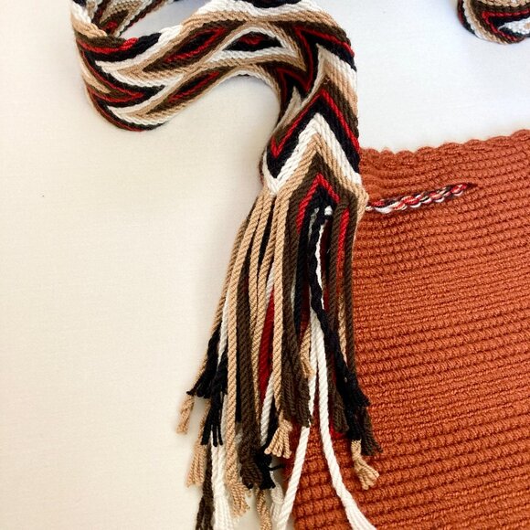Handcrafted Woven Crossbody Tote Bag In Rust W/Multi-Colored Tassels | Unisex - Picture 7 of 12